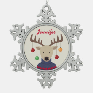 Deer Christmas Snowflake Pewter Christmas Ornament