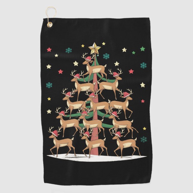 Deer Christmas Tree Funny Holiday Cute Reindeer  Golf Towel (Front)