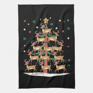 Deer Christmas Tree Funny Holiday Cute Reindeer Tea Towel
