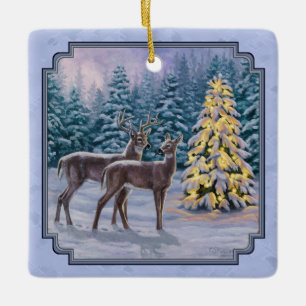Deer & Christmas Tree Winter Blue Ceramic Ornament