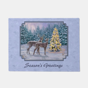 Deer & Christmas Tree Winter Blue Doormat