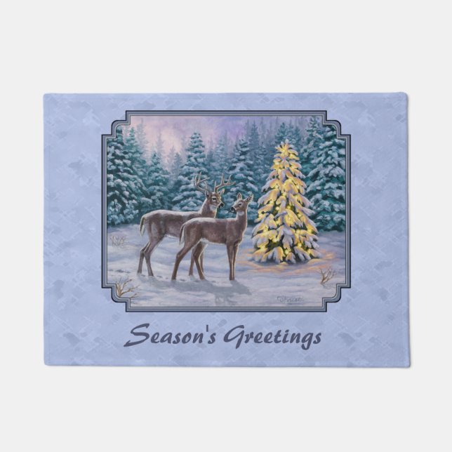 Deer & Christmas Tree Winter Blue Doormat (Front)