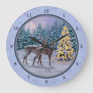 Deer & Christmas Tree Winter Blue Large Clock