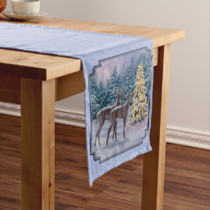 Deer & Christmas Tree Winter Blue Medium Table Runner