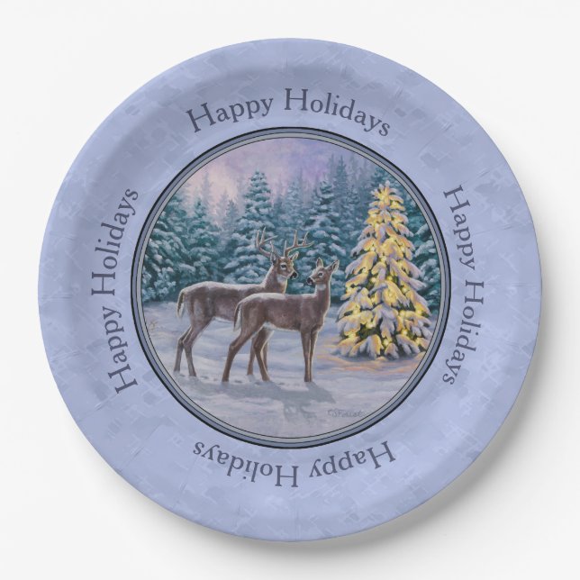 Deer & Christmas Tree Winter Blue Paper Plate (Front)