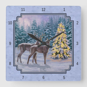 Deer & Christmas Tree Winter Blue Square Wall Clock