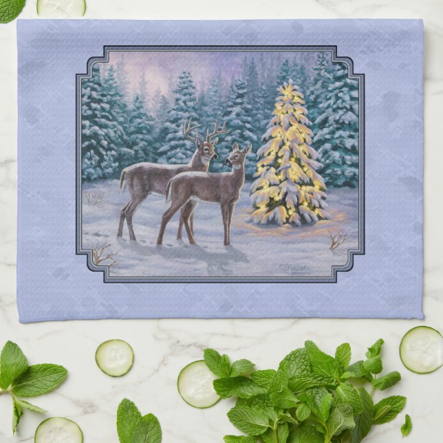 Deer & Christmas Tree Winter Blue Tea Towel (Folded)