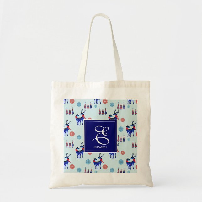 Deer, Christmas Trees, & Snowflakes with Monogram Tote Bag (Front)
