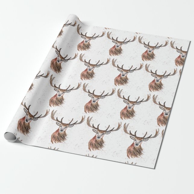Deer Christmas watercolor Pattern Woodland Brown Wrapping Paper (Unrolled)
