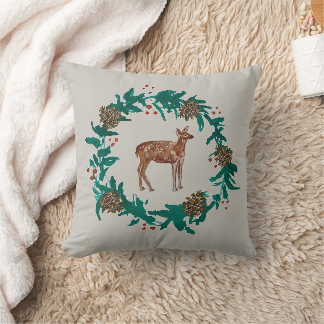 Deer Christmas Wreath Painting Grey Pillow (Blanket)