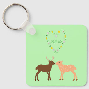 Deer Couple and Daisy Heart Custom Save the date K Key Ring