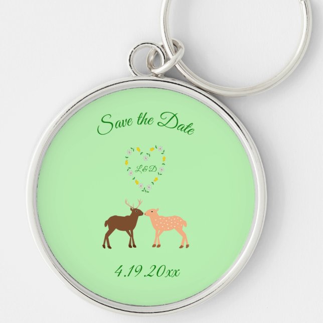 Deer Couple and Daisy Heart Custom Save the date Key Ring (Front)
