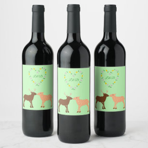Deer Couple and Daisy Heart Custom Wedding Wine Label