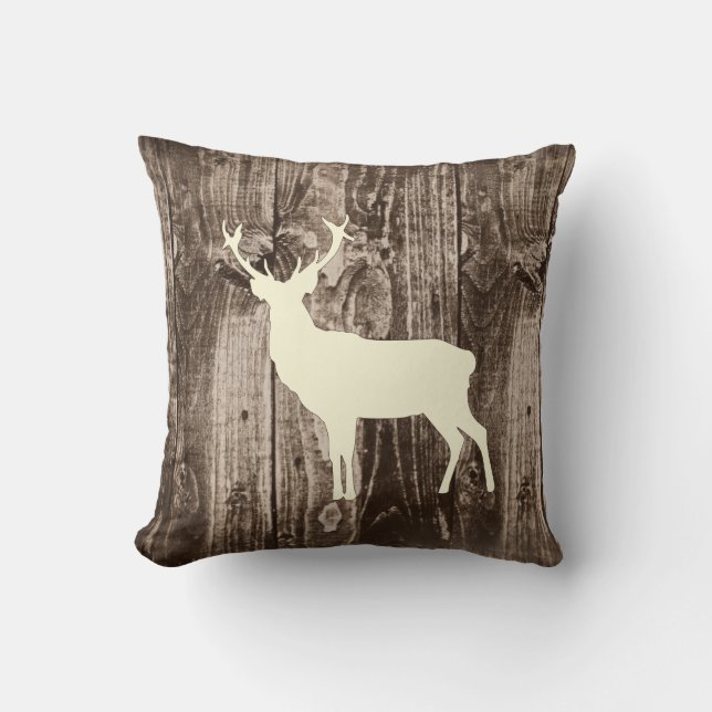 Deer (Cream) Wildlife on Rustic Wood Cabin Cushion (Front)