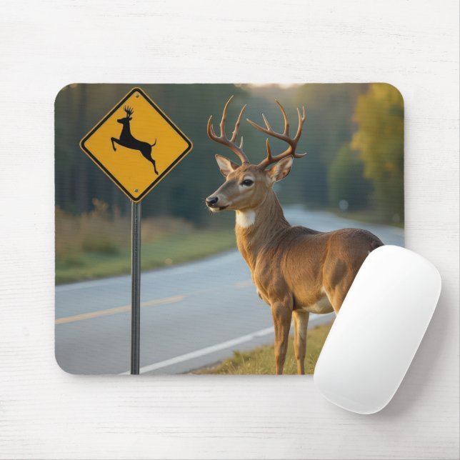 Deer Crossing Sign Mouse Mat (With Mouse)