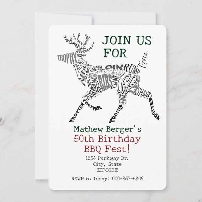 Deer Cuts Word Cloud Typography Birthday Invitation (Front)