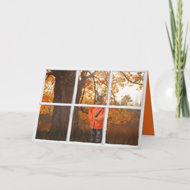 deer dressed as hunter in window and woods card (Front)