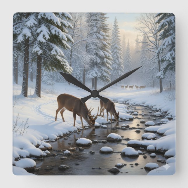 Deer drinking from a snow covered brook -  square wall clock (Front)
