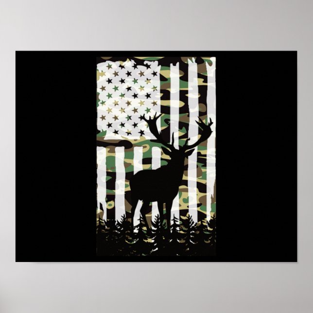 Deer Elk Buck Hunting Camo USA Flag Camoflauge Poster (Front)