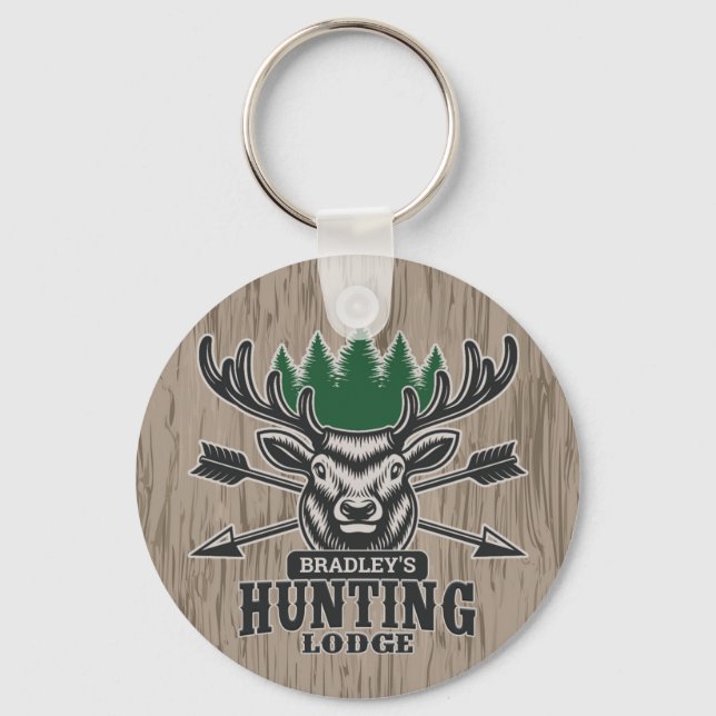 Deer Elk Hunter ADD NAME Bow Hunting Lodge Cabin Key Ring (Front)