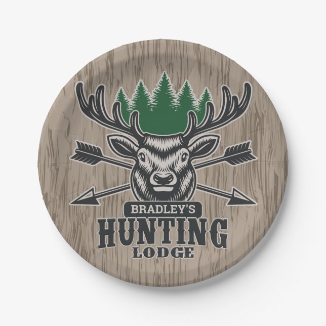 Deer Elk Hunter ADD NAME Bow Hunting Lodge Cabin Paper Plate (Front)