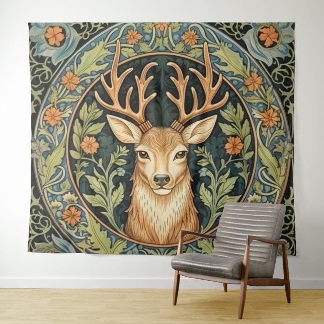 Deer face in floral vintage design tapestry (In Situ (Horizontal))