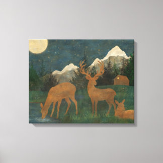 Deer Family Beside a Stream Cottagecore Painting Canvas Print
