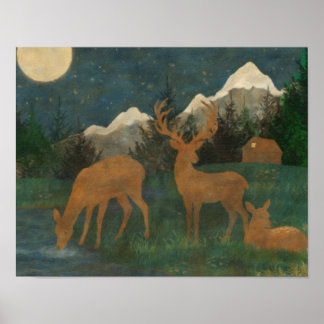 Deer Family Beside a Stream Cottagecore Painting Poster