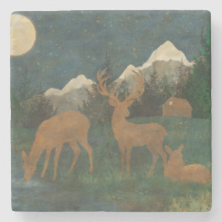Deer Family Beside a Stream Cottagecore Painting Stone Coaster