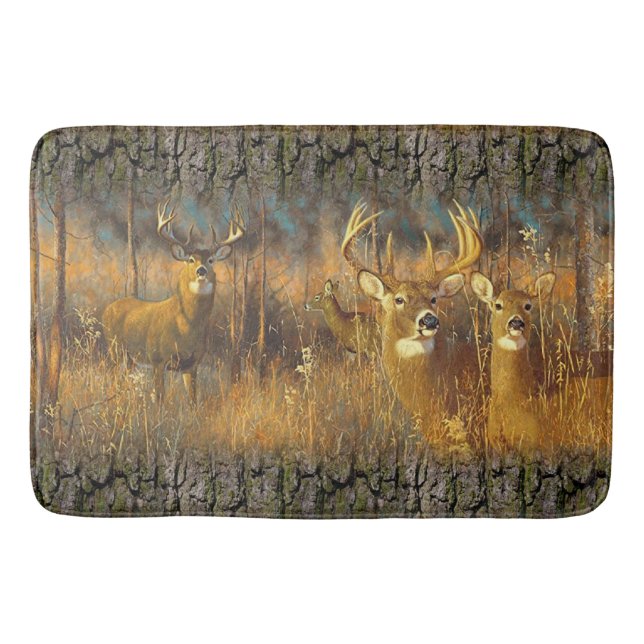 Deer Family In Autumn Morning Sun Bath Mat (Front)