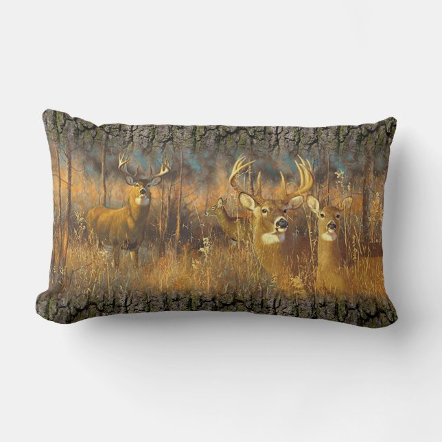 Deer Family In Autumn Morning Sun Lumbar Cushion (Front)