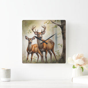 Deer Family In Forest Clearing Wildlife Square Wall Clock