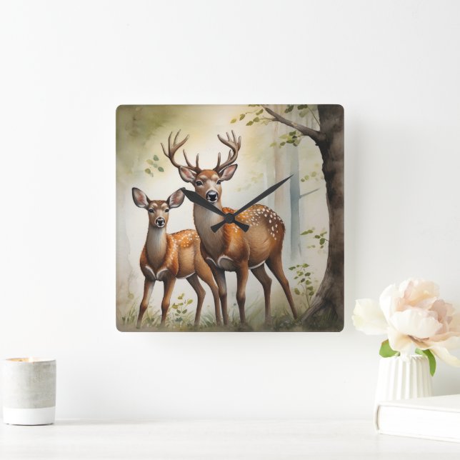 Deer Family In Forest Clearing Wildlife Square Wall Clock (Home)