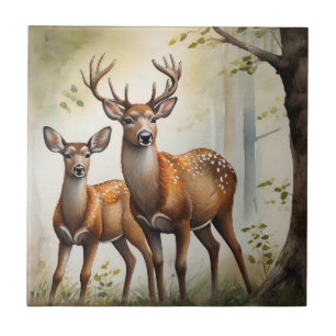 Deer Family In Forest Clearing Wildlife Tile
