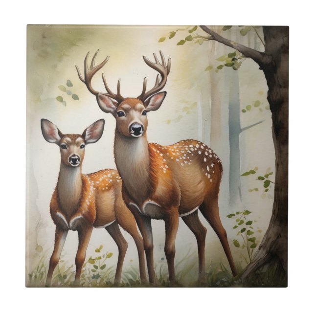 Deer Family In Forest Clearing Wildlife Tile (Front)