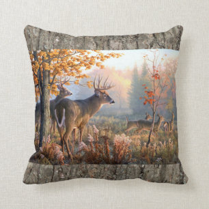 Deer Family Playing In Field Cushion