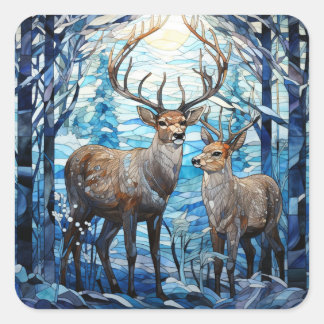 Deer family stained glass window square sticker