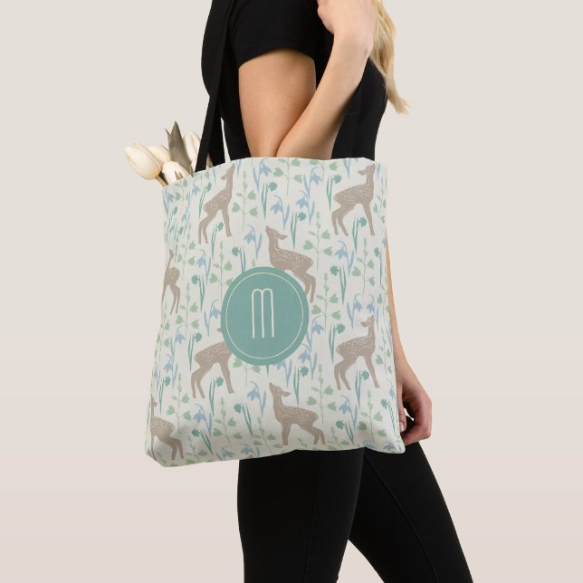 Deer Fawn and Flowers Monogram Pastel Tote Bag (Close Up)