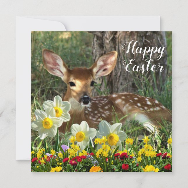 Deer Fawn and Spring Flowers Easter Holiday  Card (Front)
