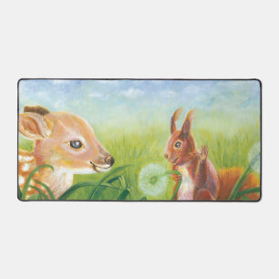 Deer Fawn and Squirrel Illustration Desk Mat