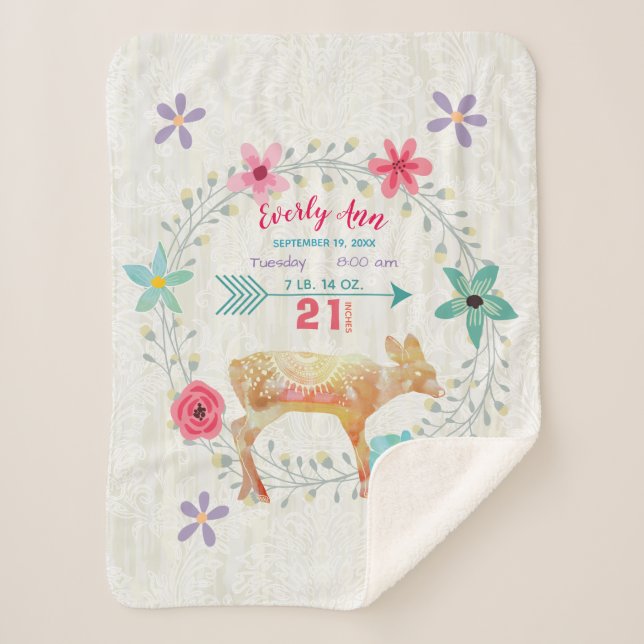 Deer Fawn Baby Girl Stats Watercolor Wreath Sherpa Blanket (Front)