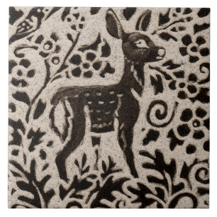 Deer Fawn Batik Stoneware Woodland Animal Tan Grey Tile