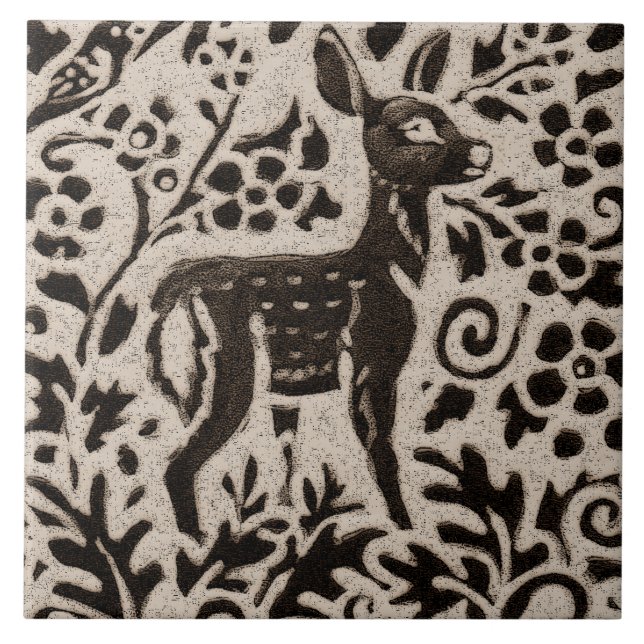 Deer Fawn Batik Stoneware Woodland Animal Tan Grey Tile (Front)