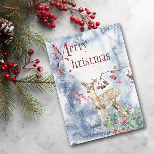 Deer Fawn, Berries and Bird Modern Christmas Card