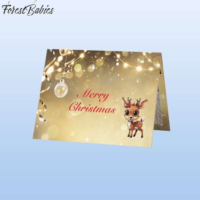  Deer, Fawn, Doe, Reindeer Lover 🦌 Gold Festive Holiday Card (Floral Baby Deer, Fawn , Doe Lover, Reindeer Antlers,  Poinsettia, Festive Gold Holiday  Card 🦌🎄)