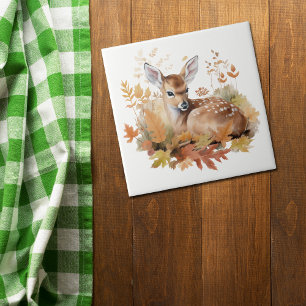 Deer Fawn in Autumn Leaves Tile