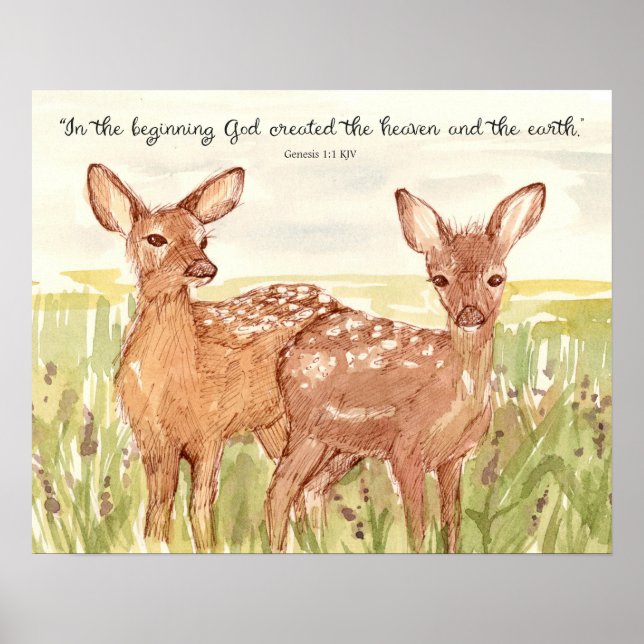 Deer Fawn Scripture Genesis God Created Heaven Poster (Front)