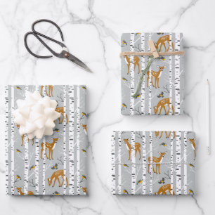 Deer Fawns White Birch Forest Birds Gift Wrapping Paper Sheet