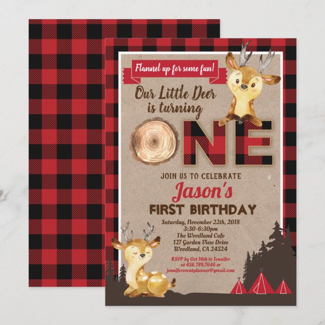 Deer first birthday lumberjack party red flannel invitation (Front/Back)