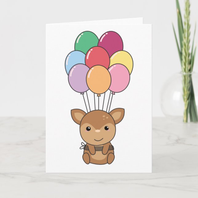 Deer Flies Up With Colourful Balloons Card (Front)